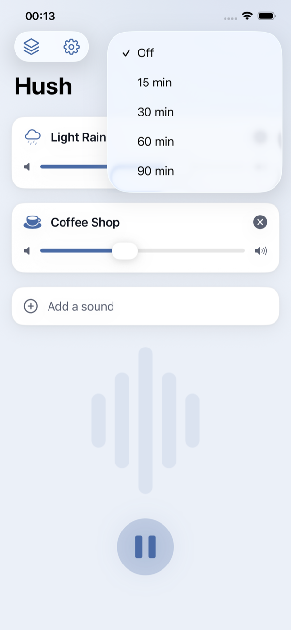Sleep timer picker with options 15, 30, 60, 90 minutes.