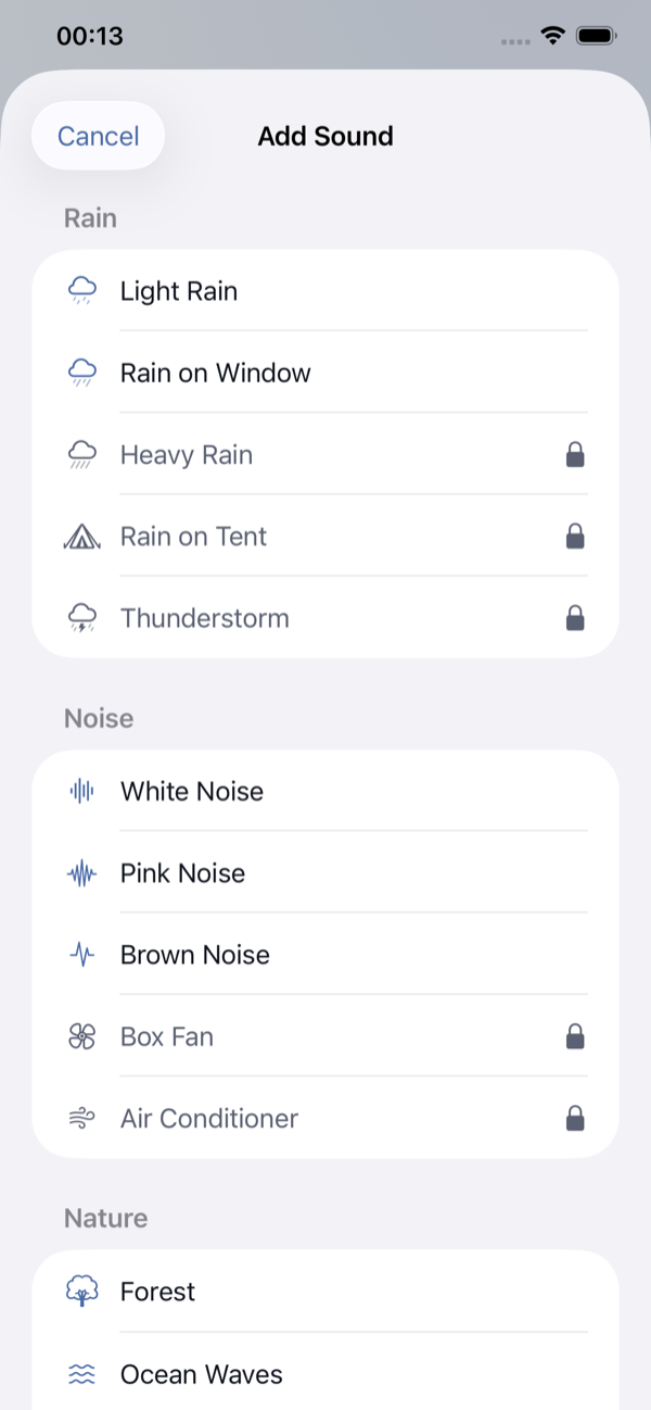 Sound library categorised by Rain, Noise, Nature, City.